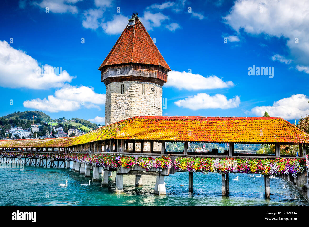 Lucerne, Switzerland - Famous wooden Chapel Bridge, oldest wooden covered bridge in Europe. Luzern, Lucerna in Swiss country. Stock Photo
