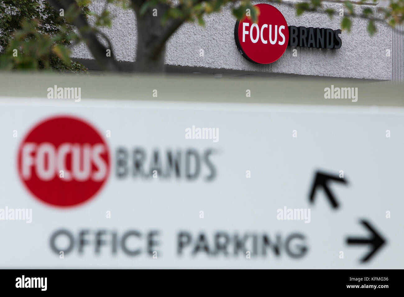 A logo sign outside the headquarters of Focus Brands in Atlanta, Georgia on October 7, 2017. Stock Photo