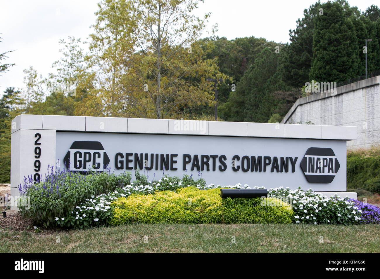 A logo sign outside of the headquarters of the Genuine Parts Company, parent company of NAPA Auto Parts, in Atlanta, Georgia on October 7, 2017. Stock Photo