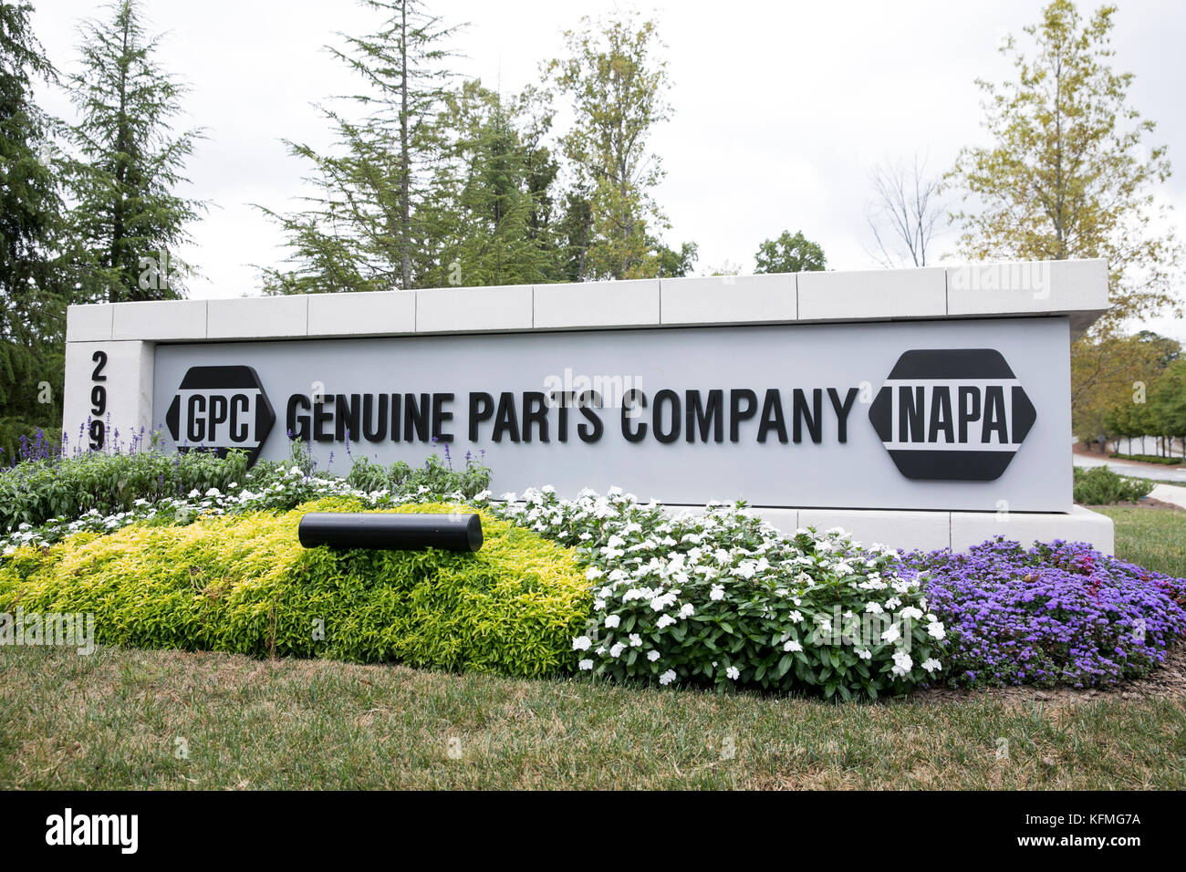 A logo sign outside of the headquarters of the Genuine Parts Company, parent company of NAPA Auto Parts, in Atlanta, Georgia on October 7, 2017. Stock Photo