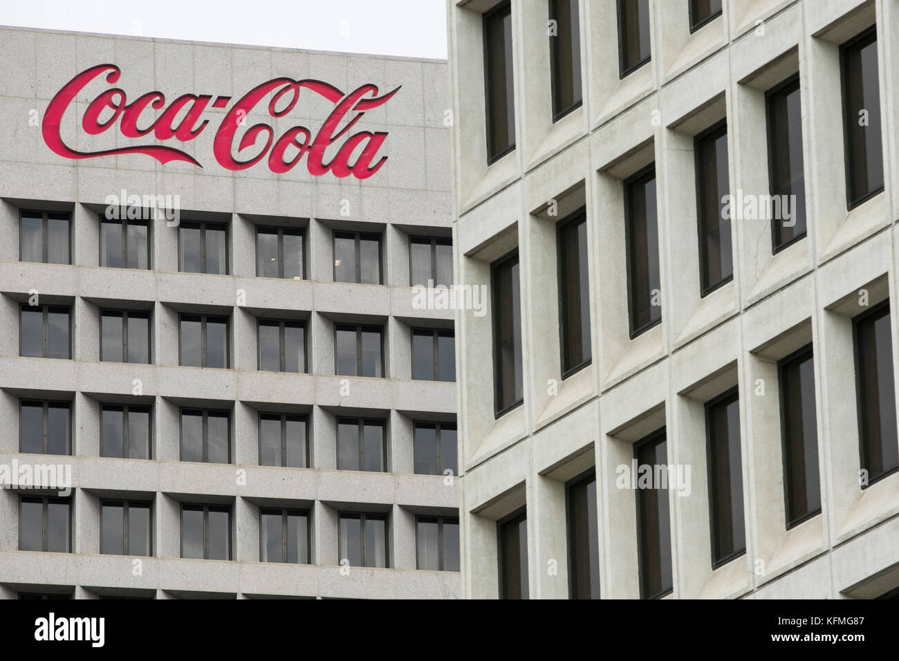 A logo sign outside of the headquarters of The Coca-Cola Company in Atlanta, Georgia on October 7, 2017. Stock Photo