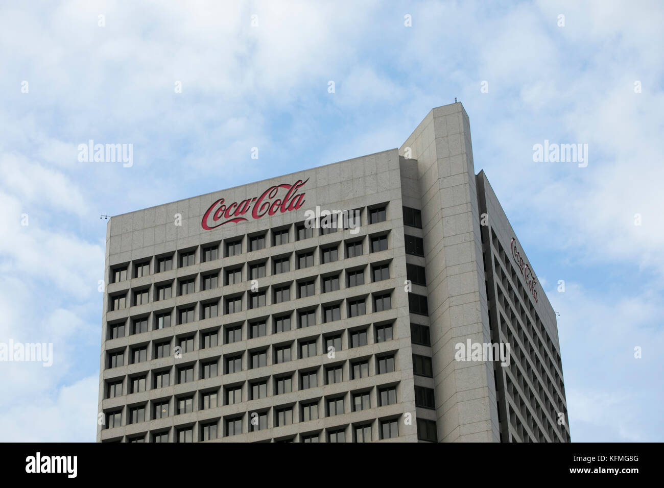 A logo sign outside of the headquarters of The Coca-Cola Company in Atlanta, Georgia on October 7, 2017. Stock Photo