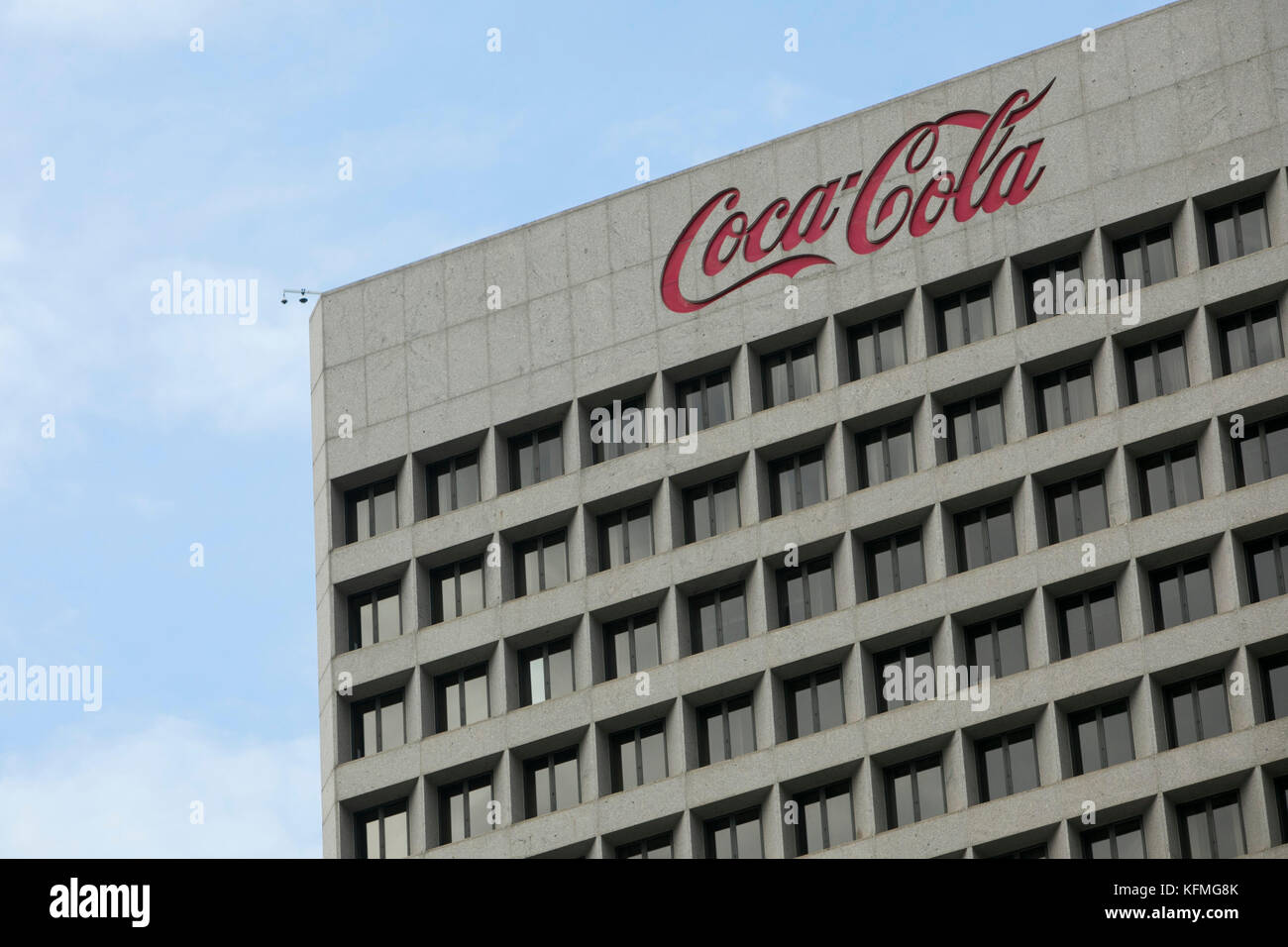 A logo sign outside of the headquarters of The Coca-Cola Company in Atlanta, Georgia on October 7, 2017. Stock Photo