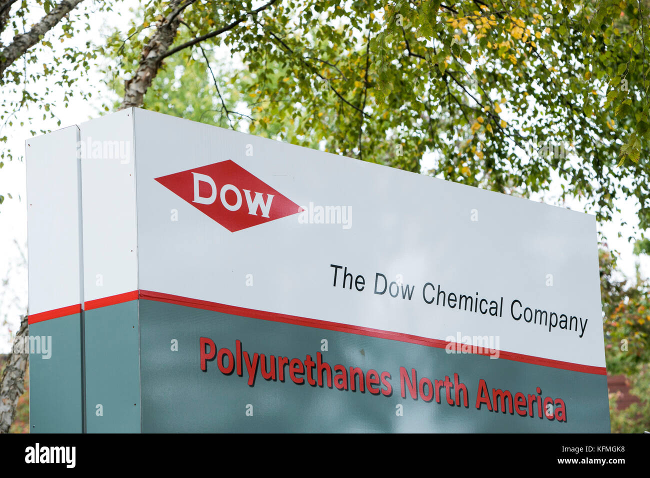 A logo sign outside of a facility occupied by The Dow Chemical Company, Polyurethane division, in Marietta, Georgia on October 7, 2017. Stock Photo