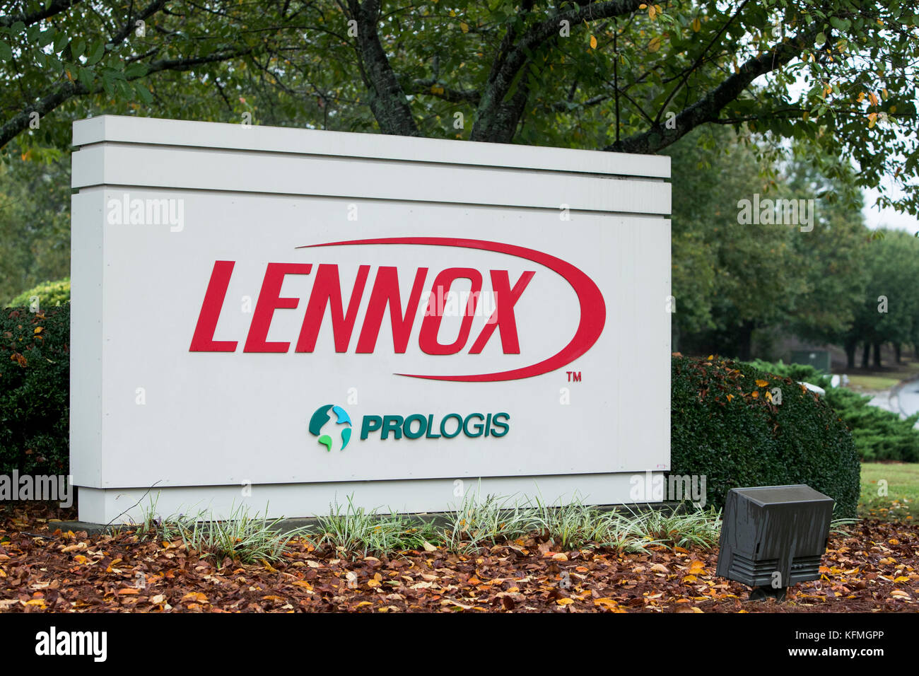 A logo sign outside of a facility occupied by Lennox International Inc., in McDonough,