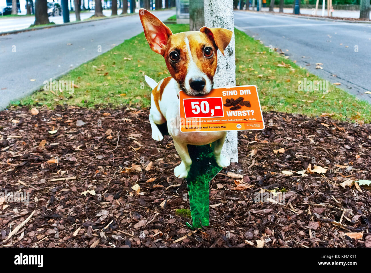 Sign warning dog owners of the 50 Euros fine for not removing dog waste. City park. Vienna, Wien, Austria, Europe, European Union, EU. Stock Photo