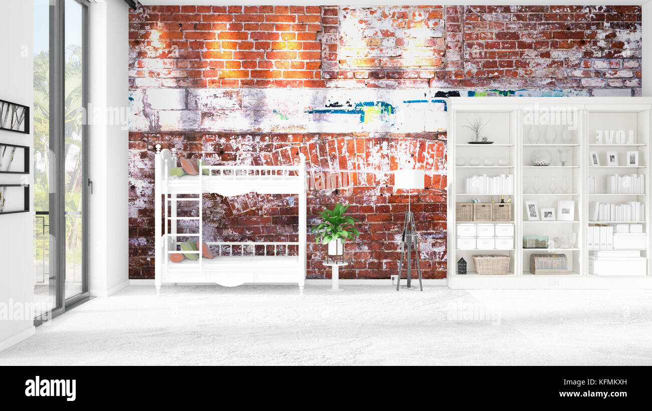 Scene with brand new interior in vogue with white rack, baby bed. 3D