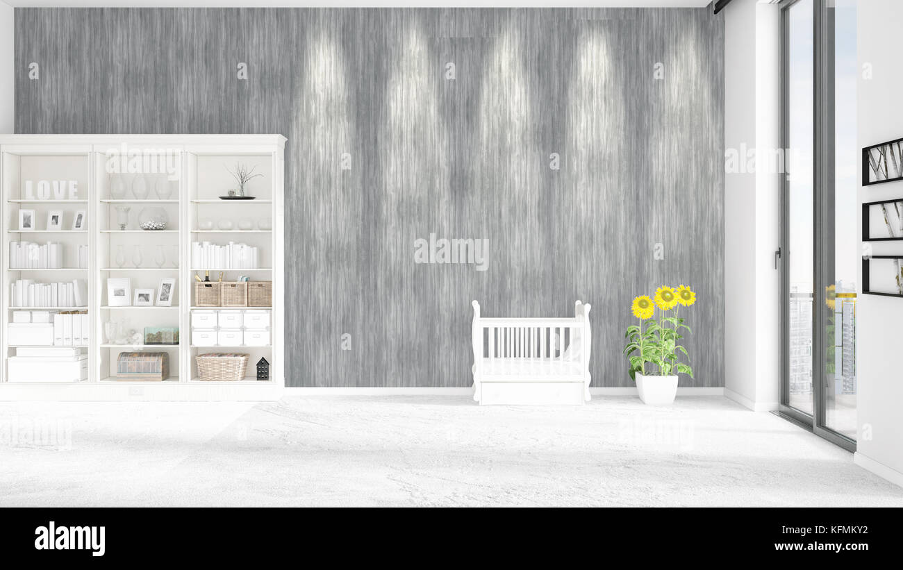 Scene with brand new interior in vogue with white rack, baby bed. 3D