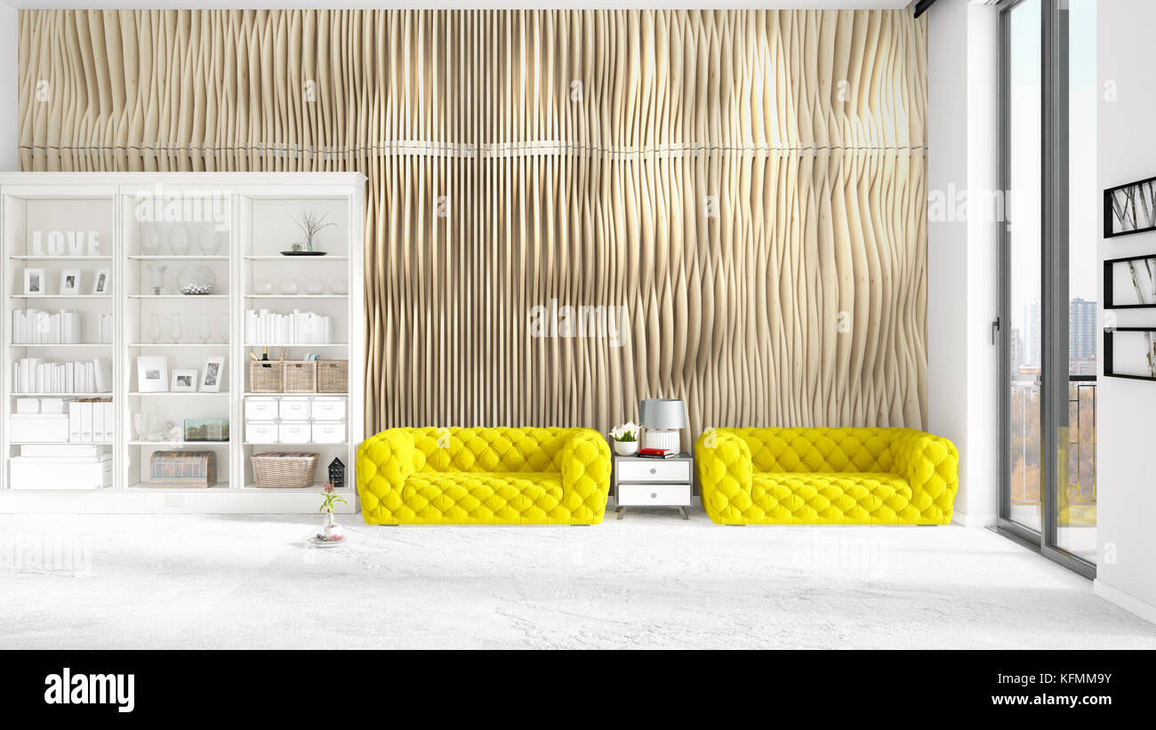 Scenes With Racks Scene with interior in vogue with white rack and yellow couch. 3D ...