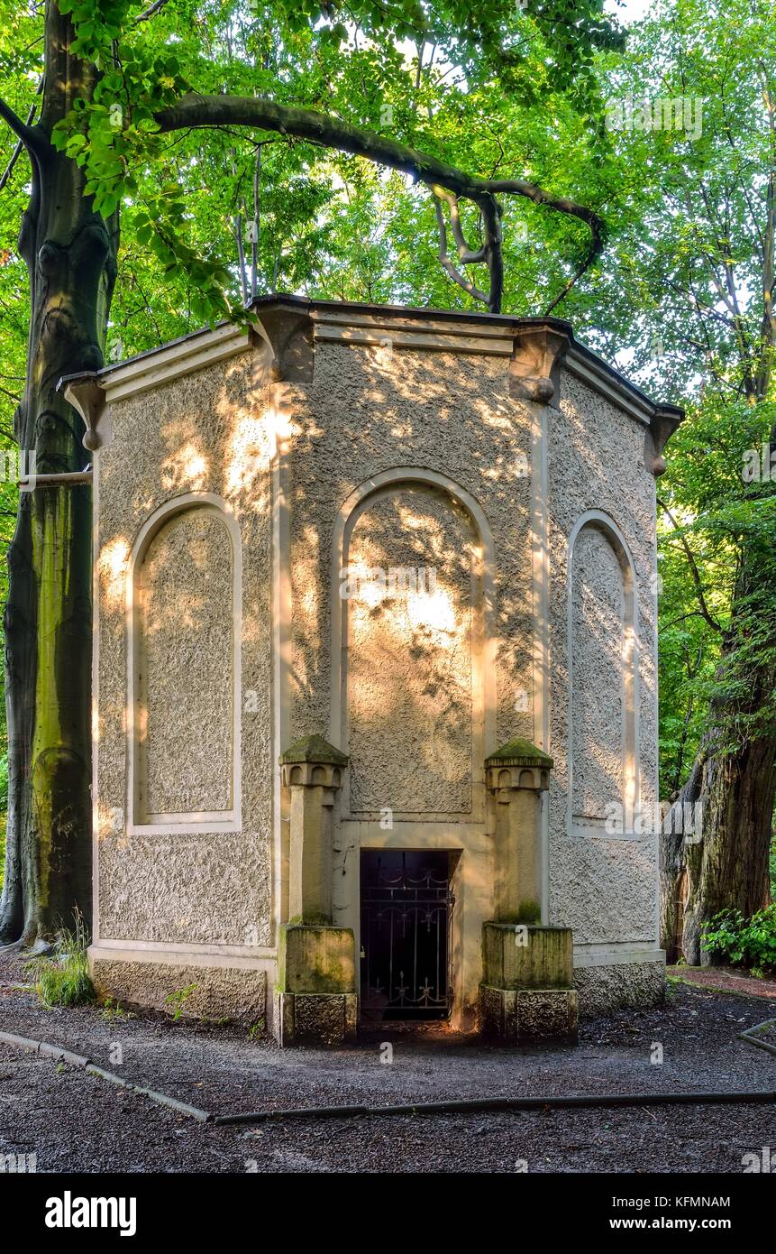 Old antique ice house in the castle park in Pszczyna. Eiskeller Tower in neo roman style in the park in Pszczyna, Poland. Stock Photo