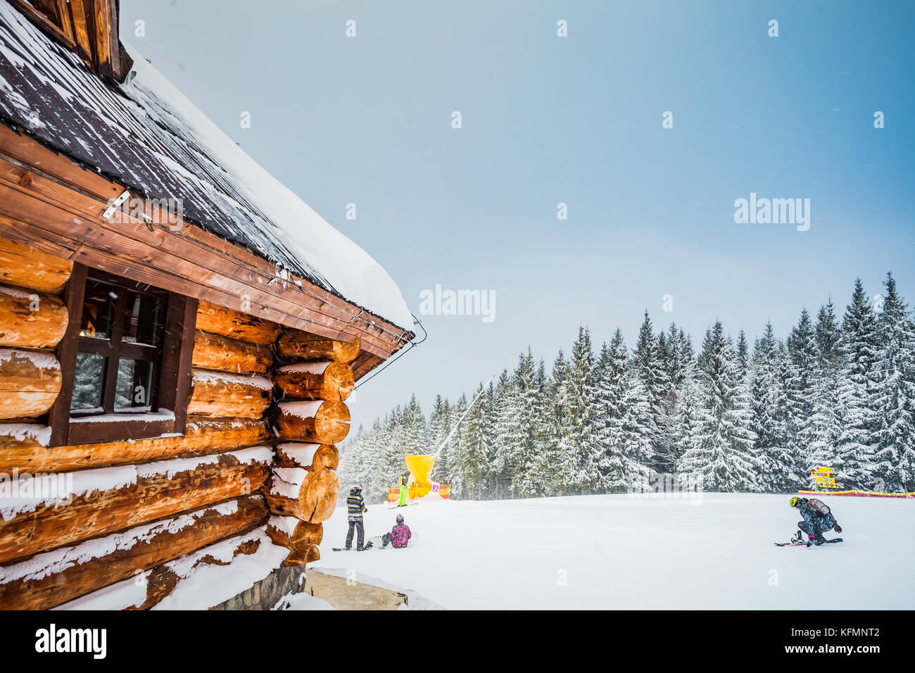 Winter vacation holiday wooden house in mountains Stock Photo
