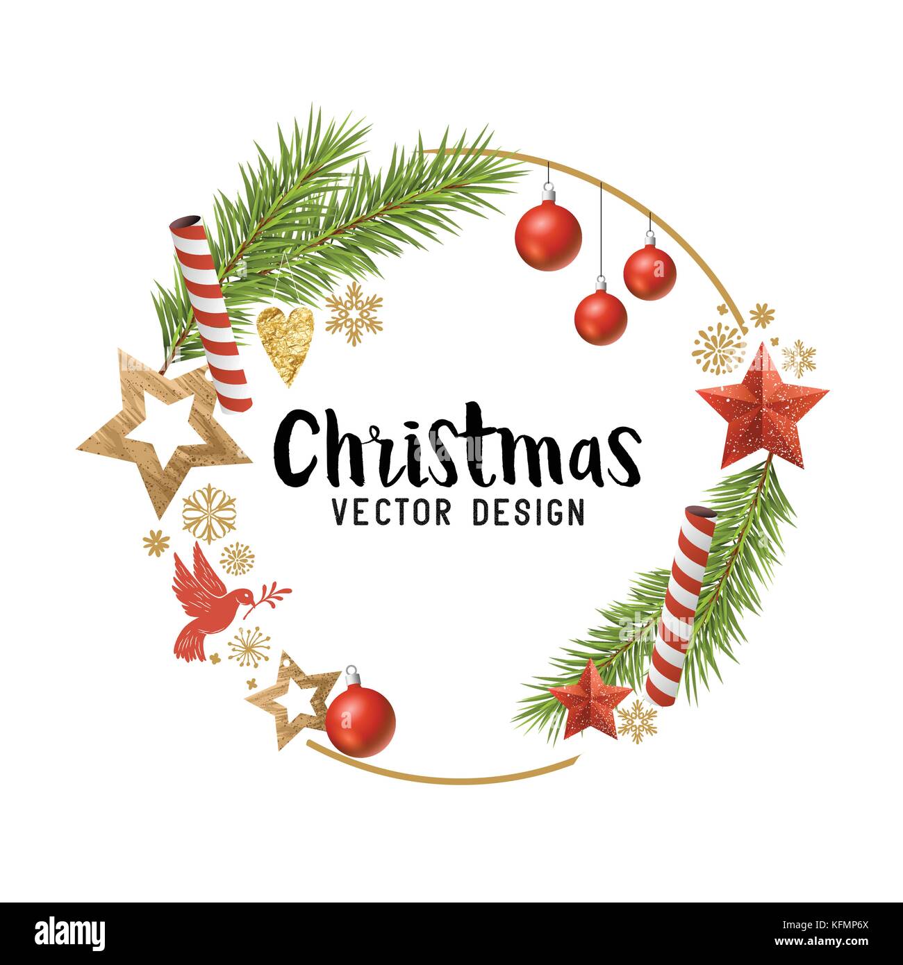 Christmas decorations composition with fir tree branches, wooden stars and baubles. Vector illustration Stock Vector