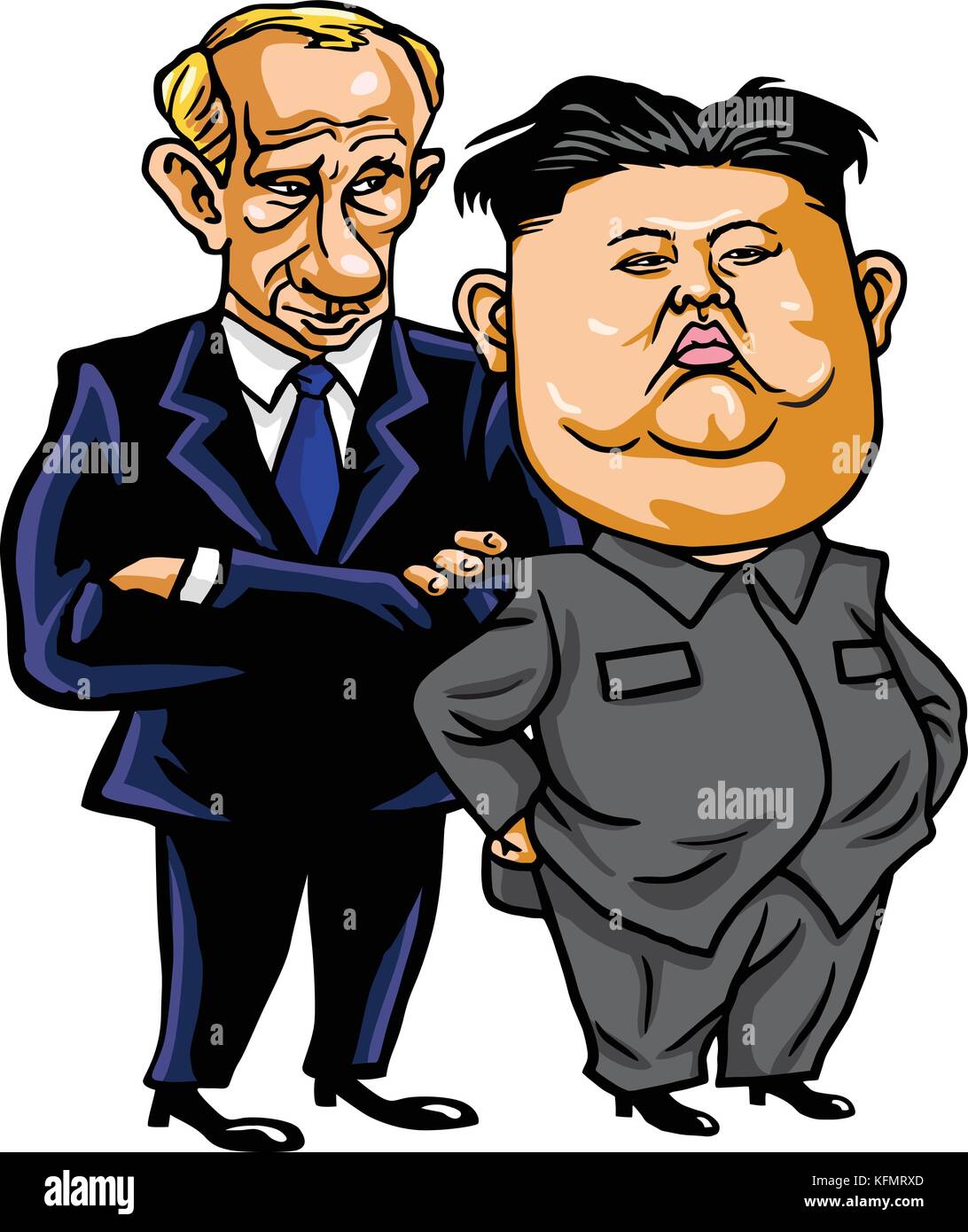 Kim Jong-un with Vladimir Putin. Cartoon Vector Illustration. October 31, 2017 Stock Vector