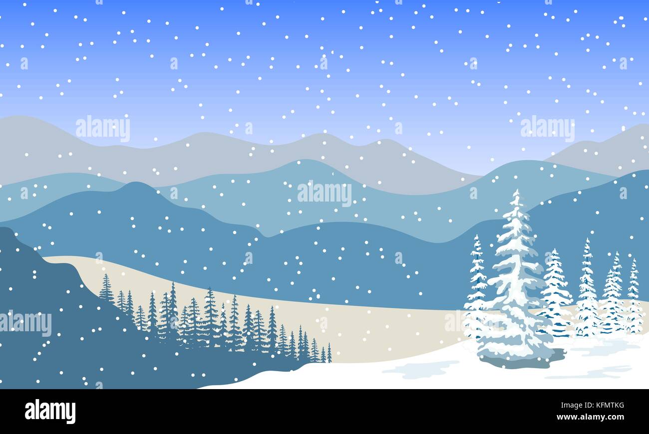 Winter landscape with silhouettes of mountains, snowfall and forest at sunrise Stock Vector