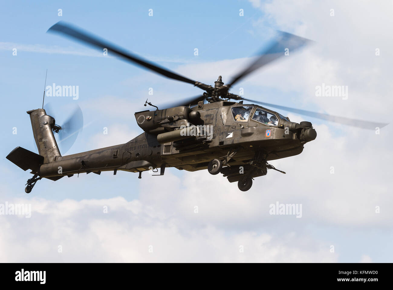 A Boeing AH-64 Apache attack helicopter of the 12th Combat Aviation Brigade of the US Army at the Beauvechain Air Base in Belgium, Europe. Stock Photo