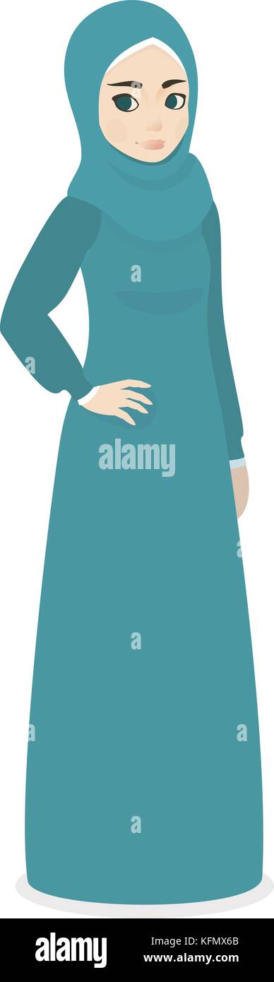 muslim beautiful girl woman in hijab - Full-length standing Portrait, vector illustration flat Stock Vector