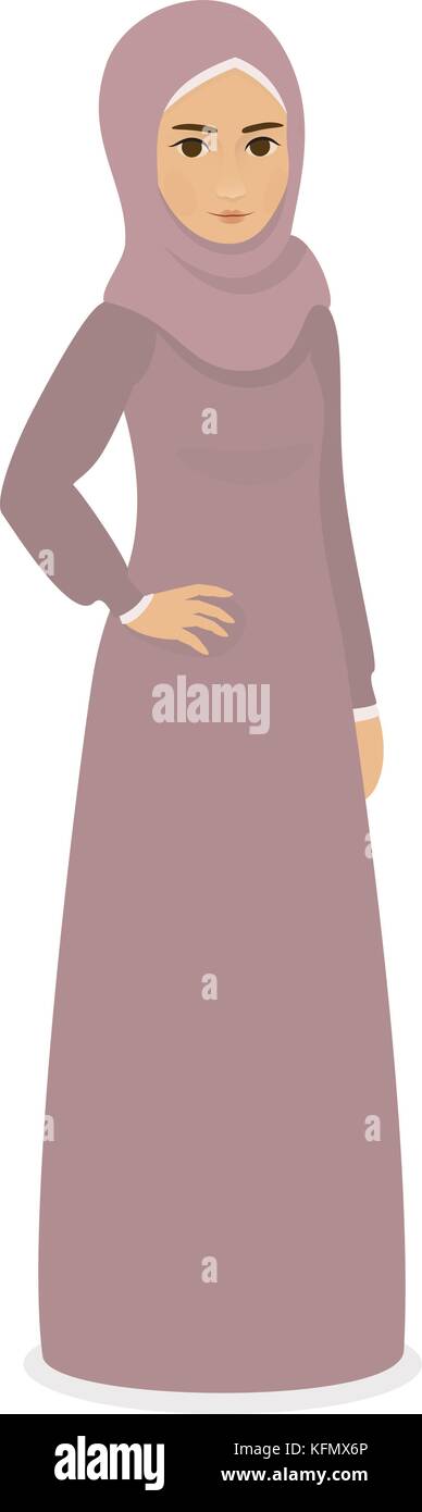 muslim beautiful girl woman in hijab - Full-length standing Portrait, vector illustration flat Stock Vector