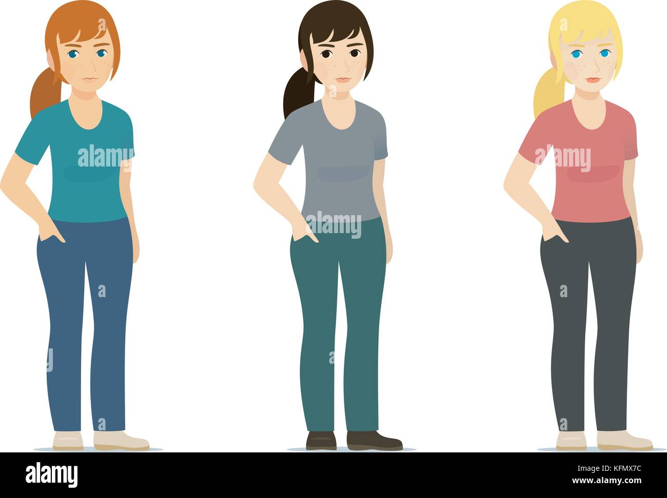 Set - smiling cute white woman, girl in different color of clothes and hair - red, blonde, brown with hand in jeans pocket, standing isolated on white background - Full-length standing Portrait, vector illustration, flat Stock Vector