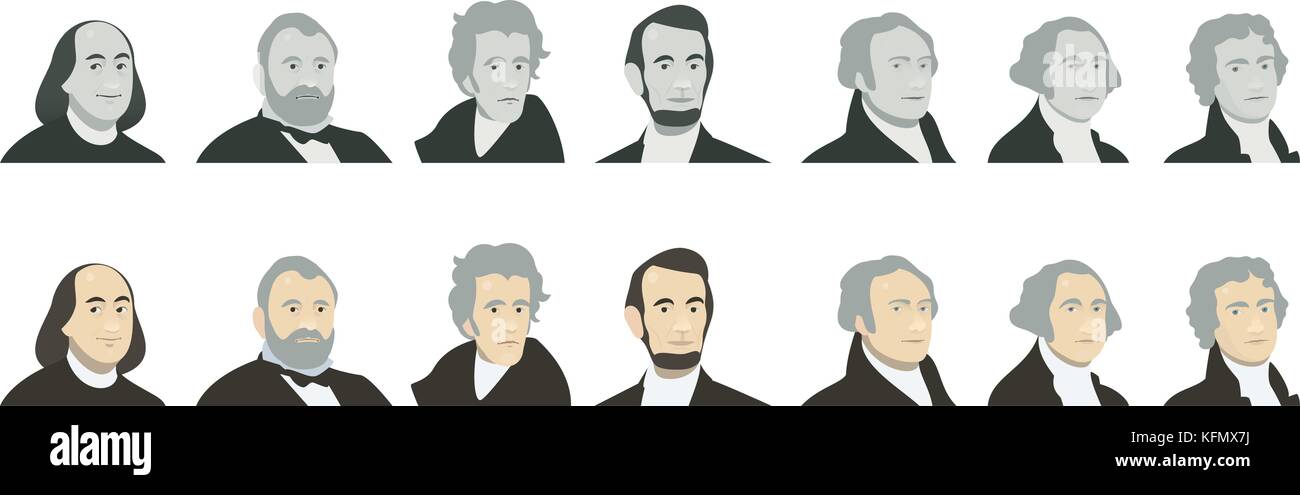 Portraits of US Presidents and famous politicians. Stylized like on US Dollar banknotes money of USA. George Washington, Thomas Jefferson, Abraham Lincoln, Alexander Hamilton, Andrew Jackson, Ulysses S. Grant, Benjamin Franklin. flat, vector set, color and grey Stock Vector