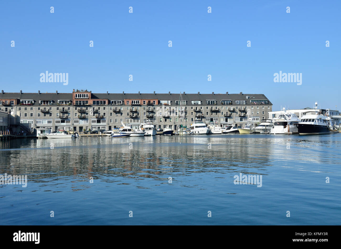 Lewis Wharf with boats 7 condominiums in Boston's North End waterfront Stock Photo