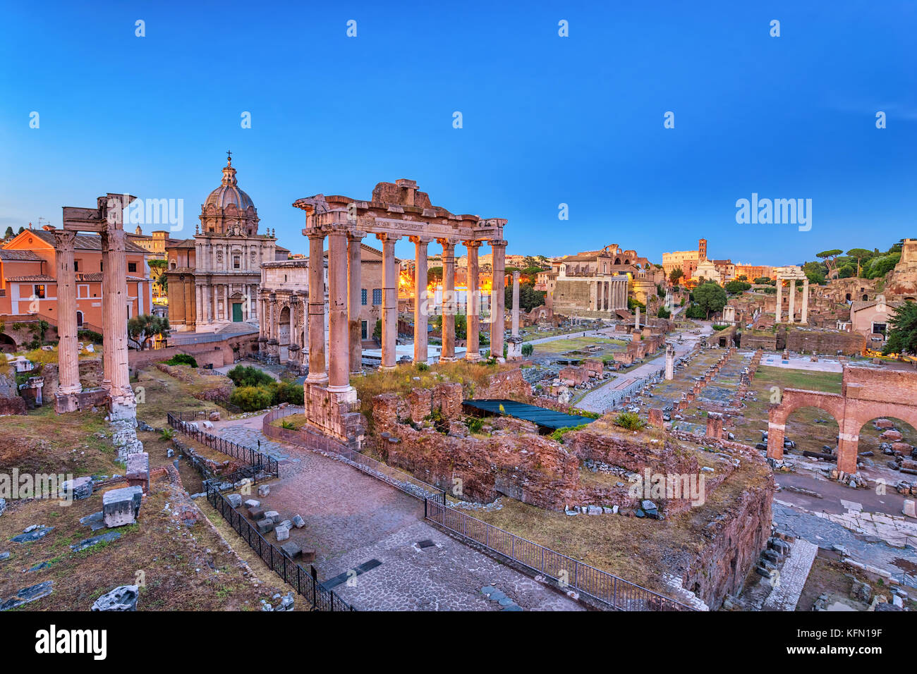 Rome night city skyline at Rome Forum (Roman Forum), Rome, Italy Stock Photo