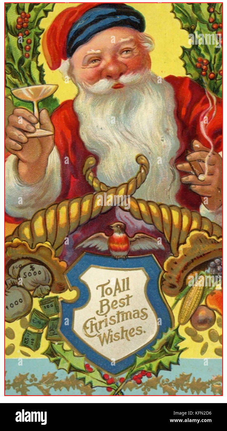 HISTORY OF TOBACCO - In former times, Santa Claus a.k.a.Father Christmas, Kris Kringle and Saint Nicholas were often depicted smoking and drinking alcohol on Christmas cards Stock Photo