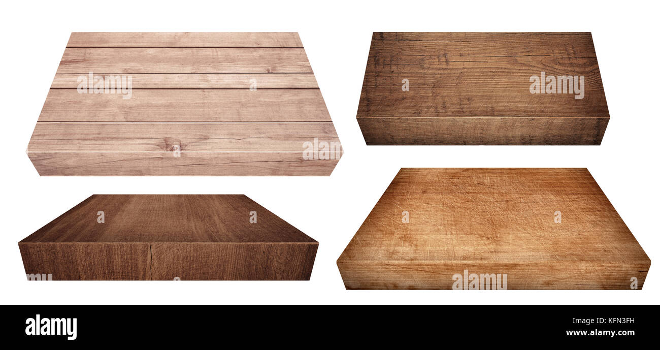 Set of brown scratched wooden cutting, choping board on white background. Stock Photo