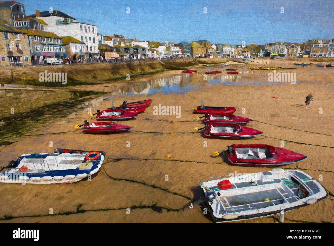 St Ives Cornwall uk harbour with boats illustration like oil painting Stock Photo