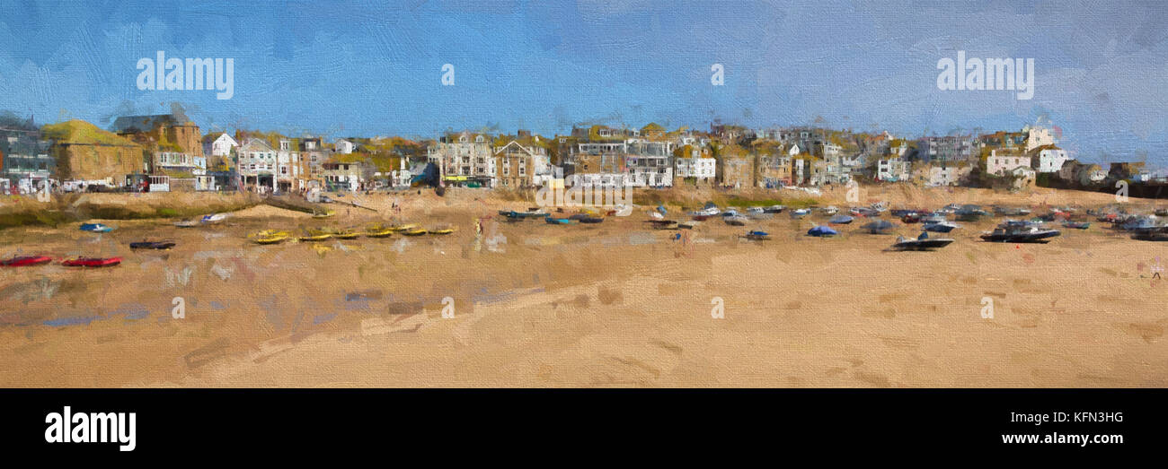 St Ives Cornwall uk harbour illustration like oil painting panoramic view Stock Photo