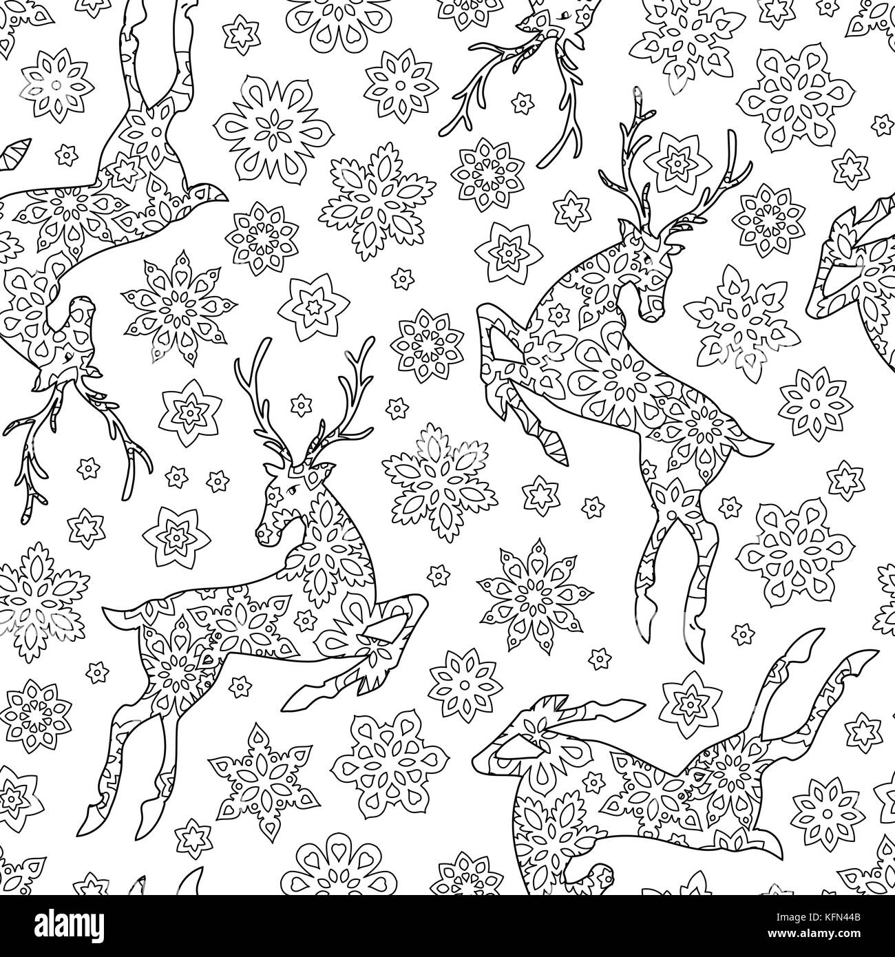 Hand drawn outline festive seamless pattern with snowflakes and deers ...