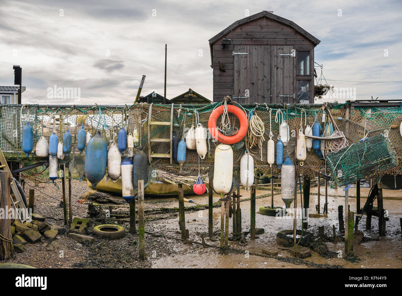 Suffolk coast, out of season view of a fishing hut on an old jetty