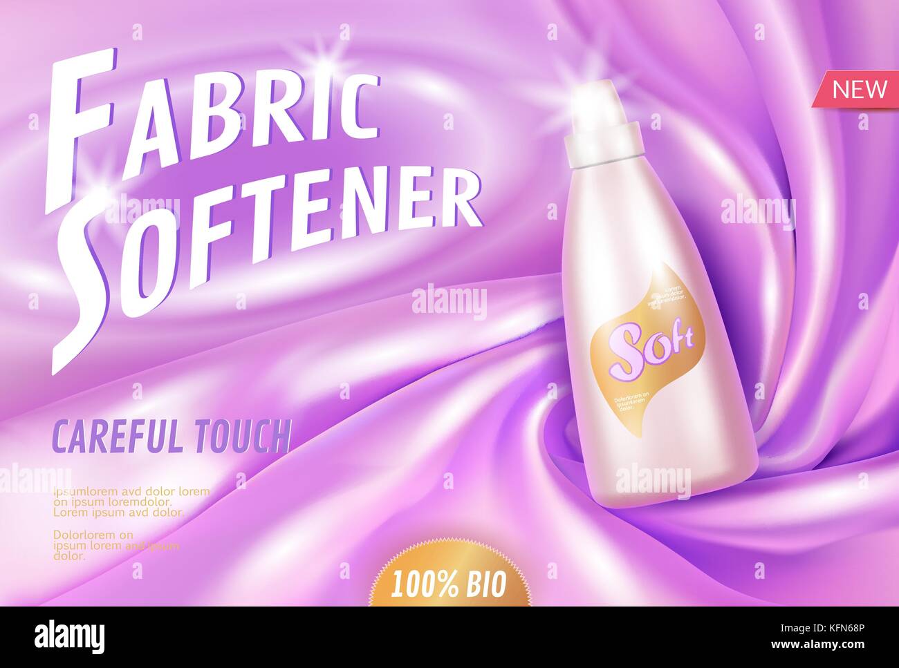 Fabric softener 3d realistic promotional poster template. Clean household chemical organic product. Delicate silk clothes violet purple glowing plastic bottle mockup. Laundry ad vector illustration Stock Vector