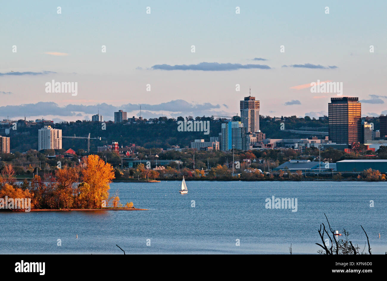 Hamilton waterfront skyline with landmark buildings and harbour at dusk Stock Photo