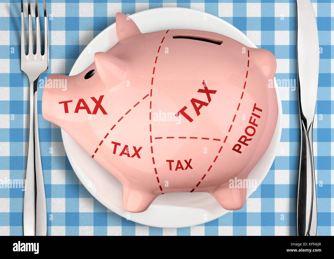 Piggy bank on plate, big taxes creative concept Stock Photo