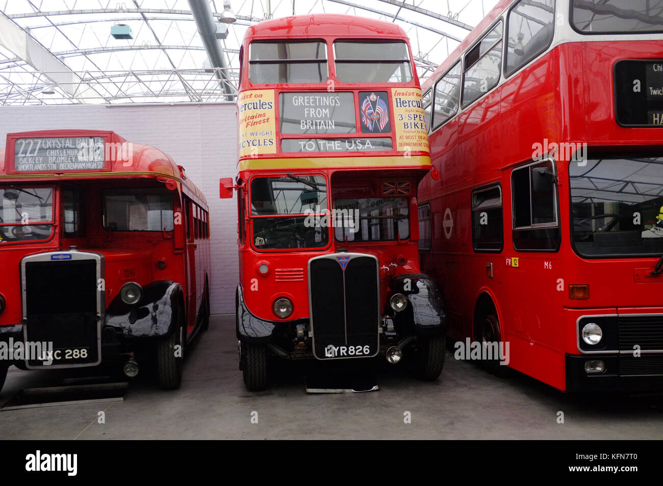 A line of historic London buses at the Brooklands museum Stock Photo