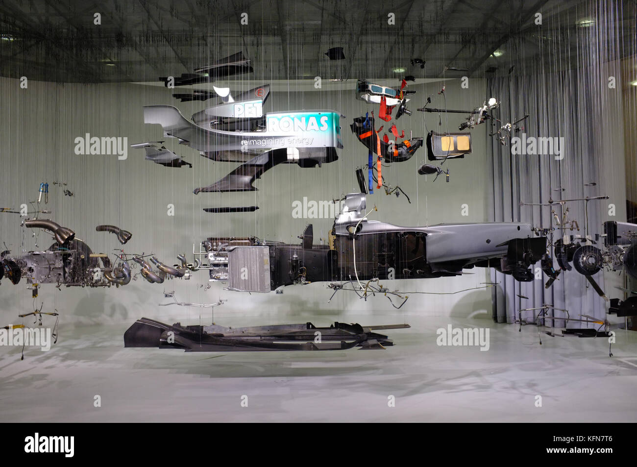 An exploded view of a Mercedes F1 car at Mercedes-Benz World Stock Photo