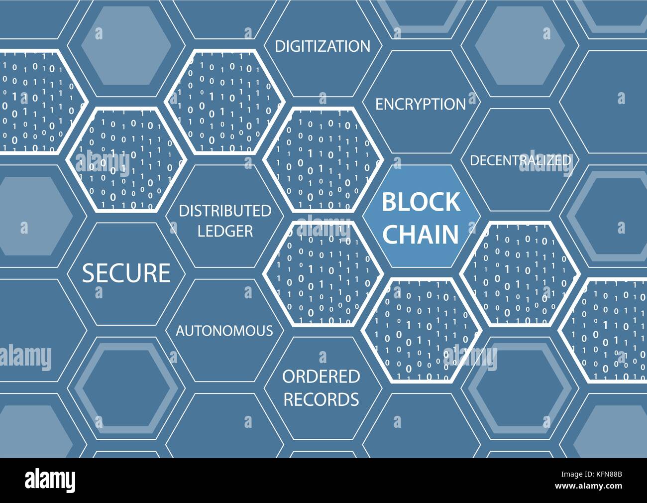 Vector illustration of blockchain concept with blue background. Connected hexagonal shapes. Stock Vector