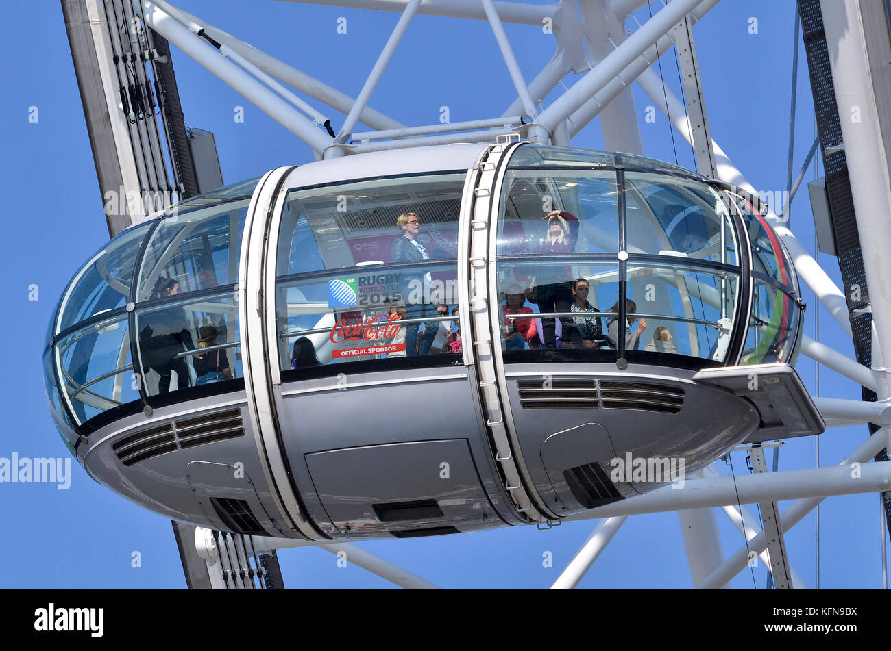 London Eye pods, London, UK. The observation pods are painted with flags of the Rugby World Cup 2015 participants. Stock Photo