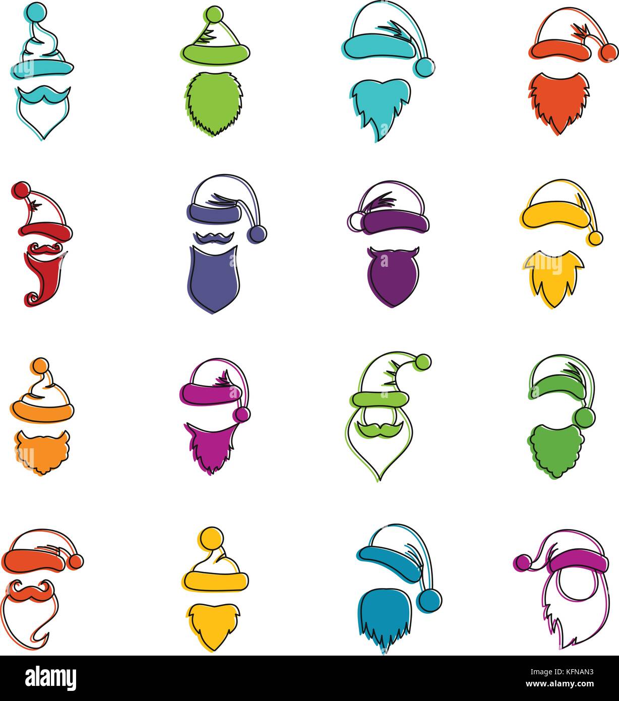 Santa hats, mustache and beards icons doodle set Stock Vector
