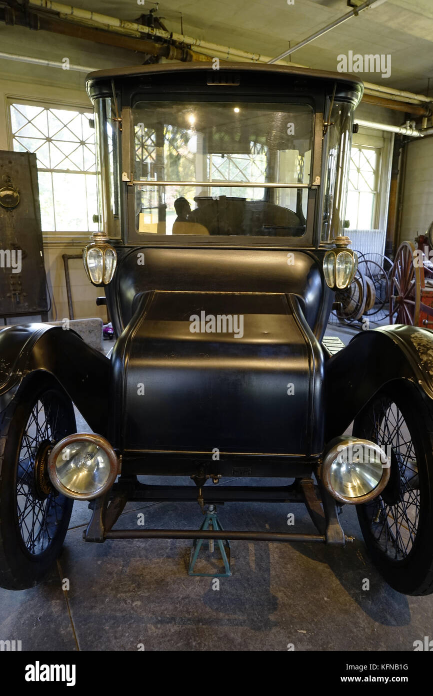 Detroit Electric Model 47 car powered by Edison batteries in the garage of Glenmont Estate aka Thomas Edison's home.West Orange.New Jersey.USA Stock Photo
