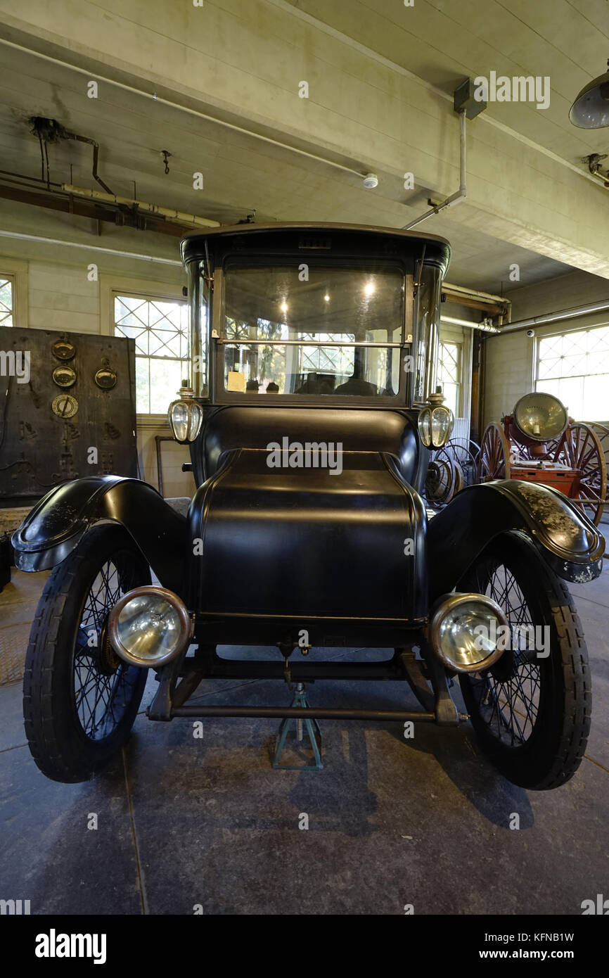 Detroit Electric Model 47 car powered by Edison batteries in the garage of Glenmont Estate aka Thomas Edison's home.West Orange.New Jersey.USA Stock Photo