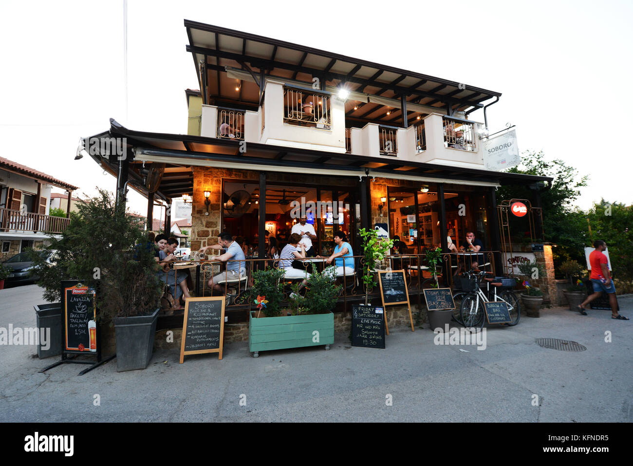 The popular Soboro beer bar & restaurant in the Village of Afytos, Greece. Stock Photo