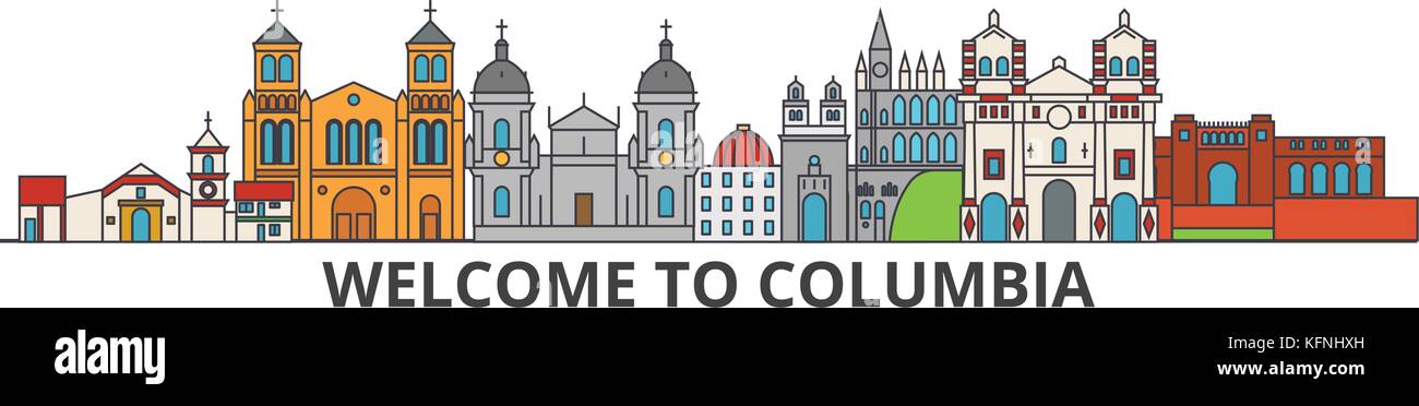 Columbia outline skyline, columbian flat thin line icons, landmarks, illustrations. Columbia cityscape, columbian travel city vector banner. Urban silhouette Stock Vector