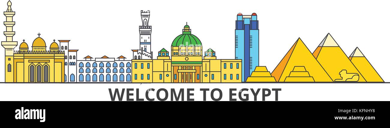 Egypt outline skyline, Egyptian flat thin line icons, landmarks, illustrations. Egypt cityscape, Egyptian travel city vector banner. Urban silhouette Stock Vector