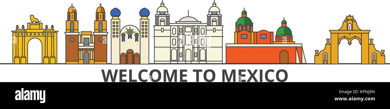 Mexico Outline Skyline Mexican Flat Thin Line Icons Landmarks 