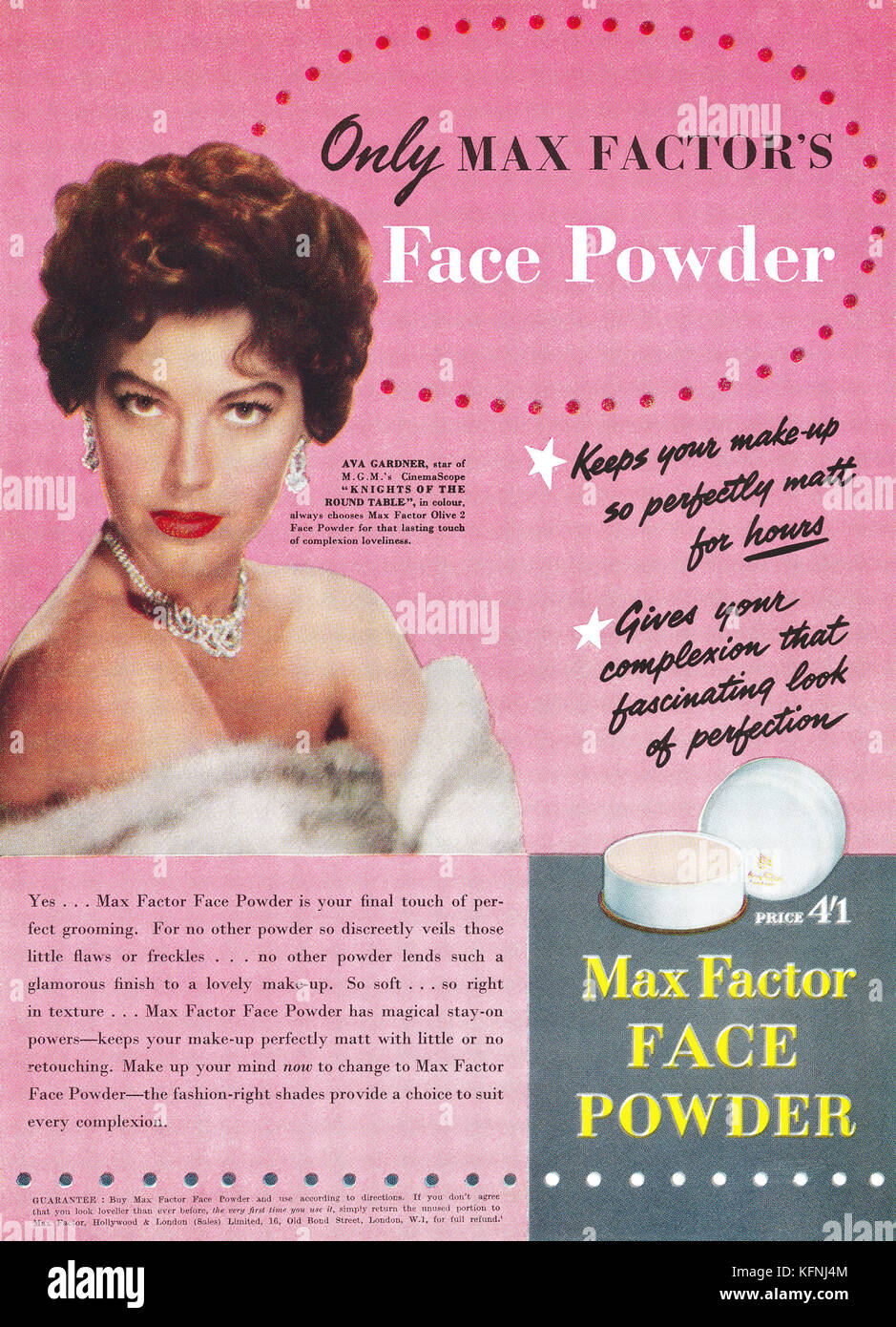 1955 British advertisement for Max Factor face powder, featuring actress Ava Gardner. Stock Photo