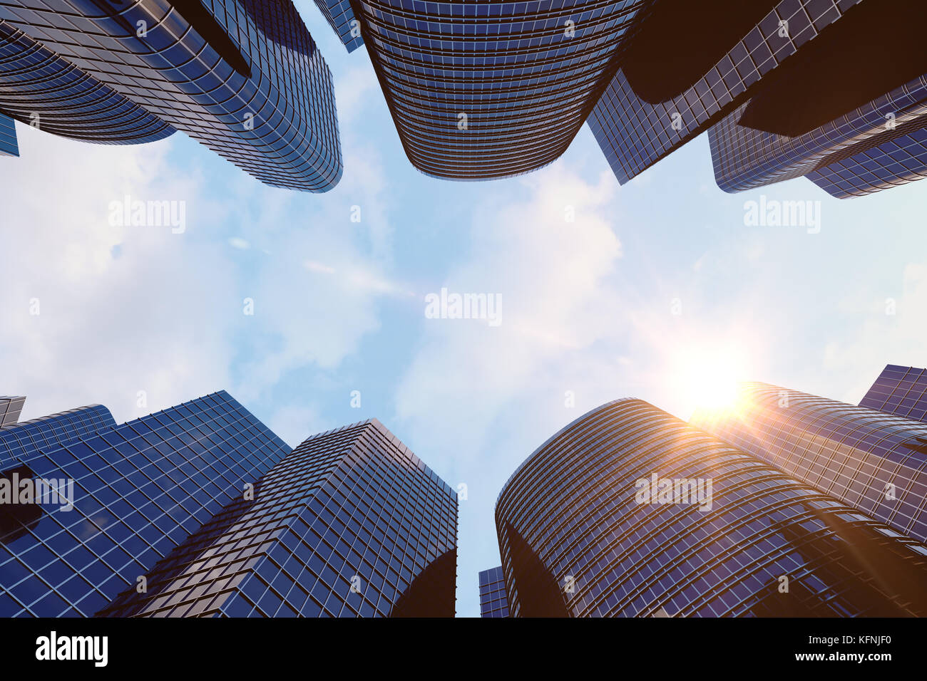 Low angle view of skyscrapers. Skyscrapers at sunset looking up perspective. Bottom view of modern skyscrapers in business district in evening light at sunset. Business concept of success industry tech architecture, 3D rendering Stock Photo