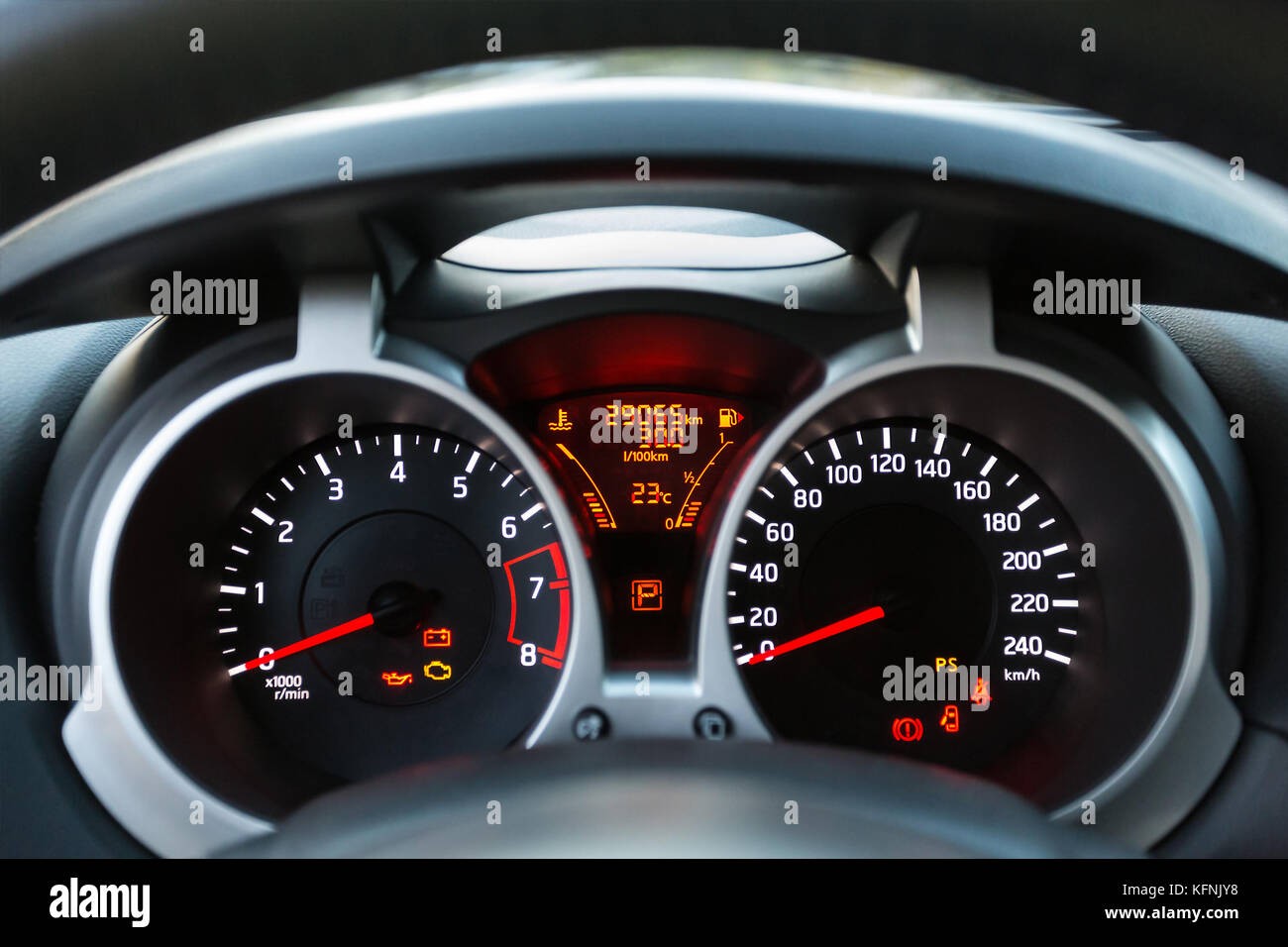 Dashboard close up, car interior, red light Stock Photo Alamy