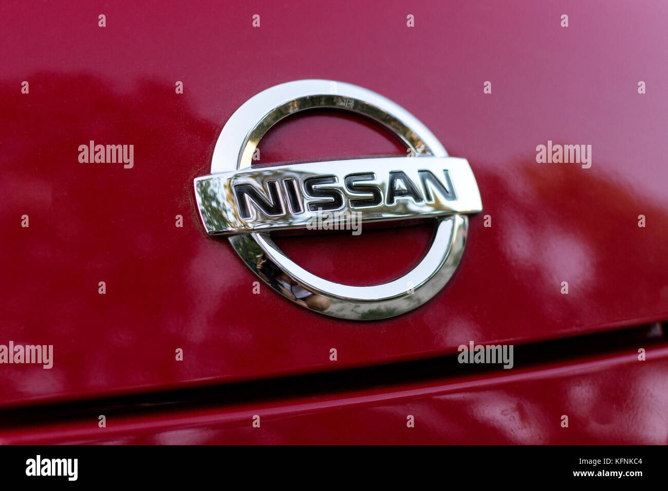 DNIPRO, UKRAINE - AUGUST 10, 2013: NISSAN CAR LOGOTYPE CLOSE Stock Photo