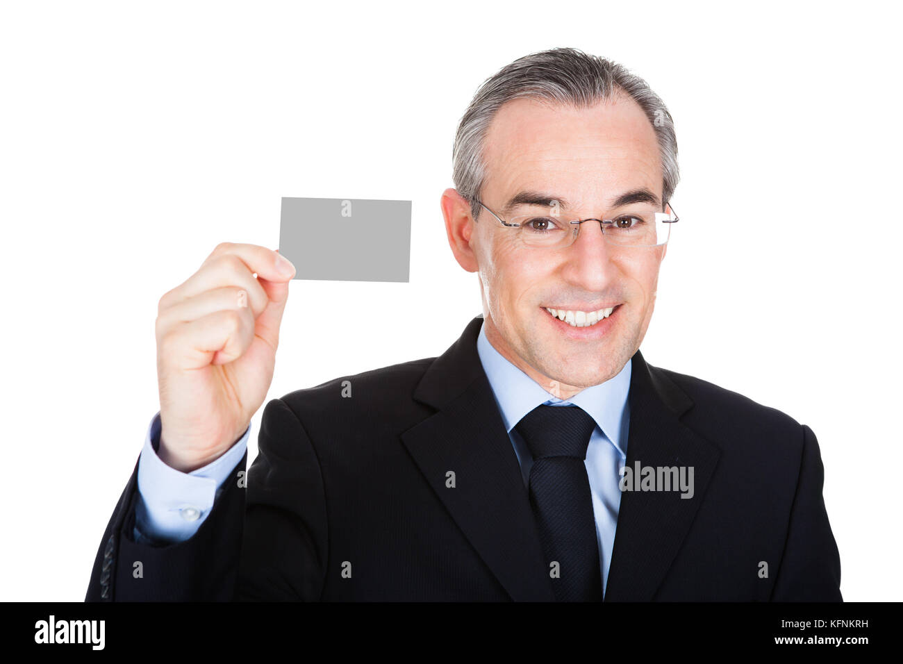 Happy Mature Businessman Showing Blank Visiting Card Over White Background Stock Photo